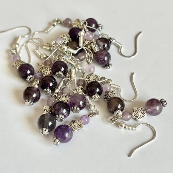 Lavender Purple Amethyst Bead Earrings Silver Plated Flower Dangle Semiprecious - Picture 5 of 7